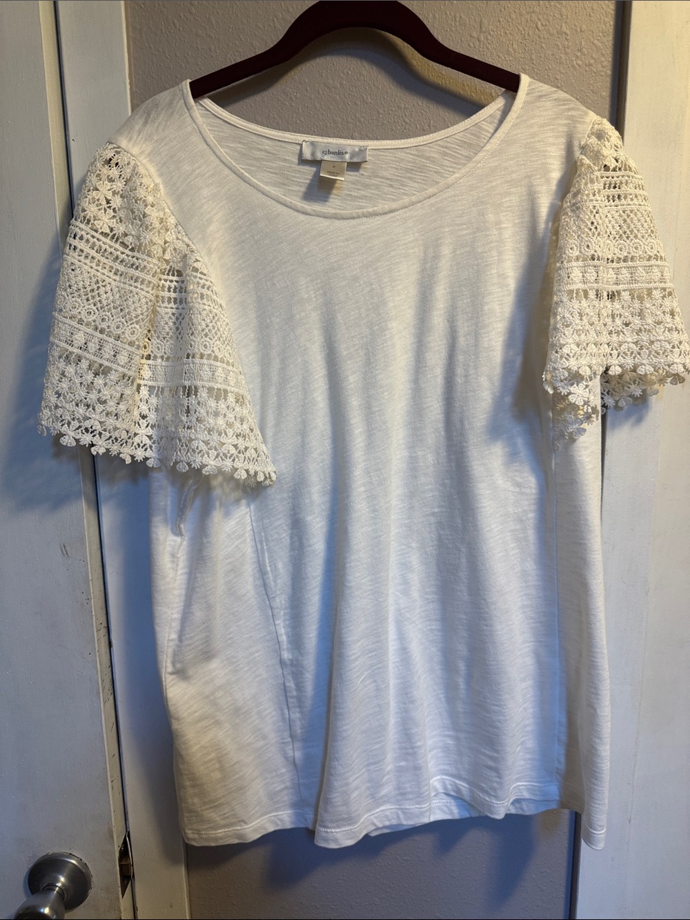 CJ Banks White Short Sleeve Top with Crochet Lace Bell Sleeves